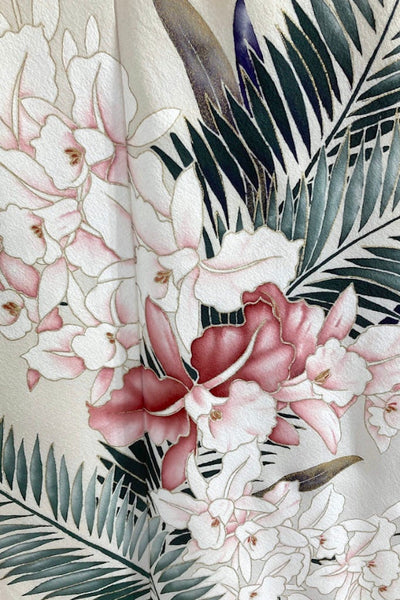 Vintage 1950s Ivory Orchids Silk Kimono Robe-ThisBlueBird