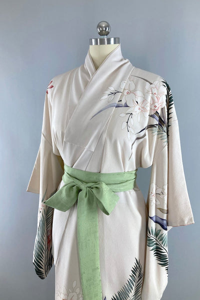 Vintage 1950s Ivory Orchids Silk Kimono Robe-ThisBlueBird