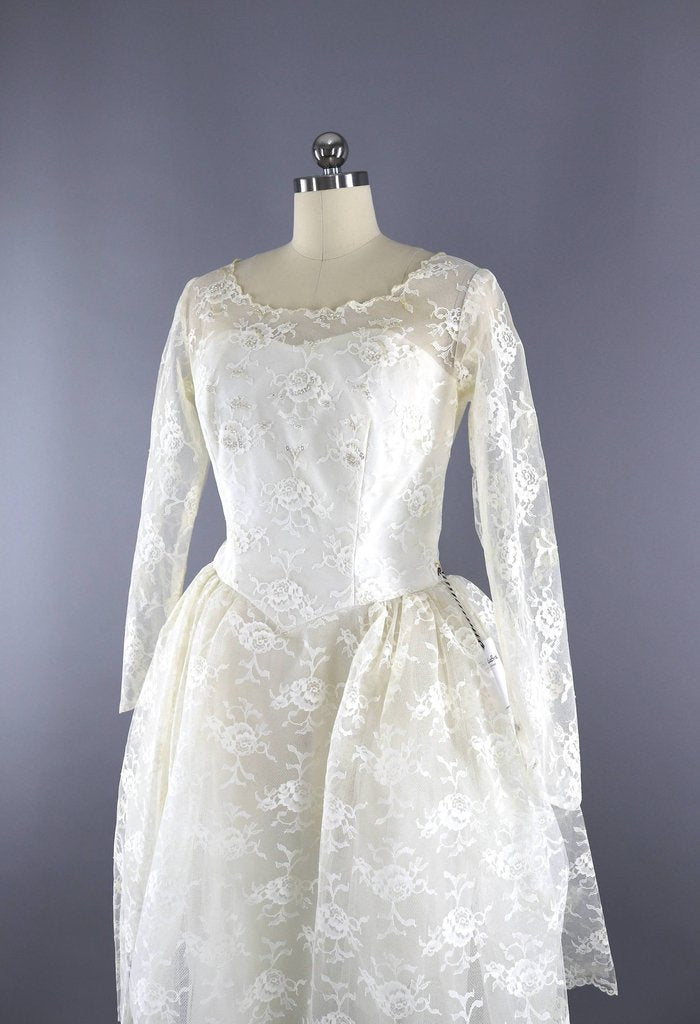 Vintage 1950s Lace Wedding Dress / Ivory Tea Length Bridal Gown - ThisBlueBird