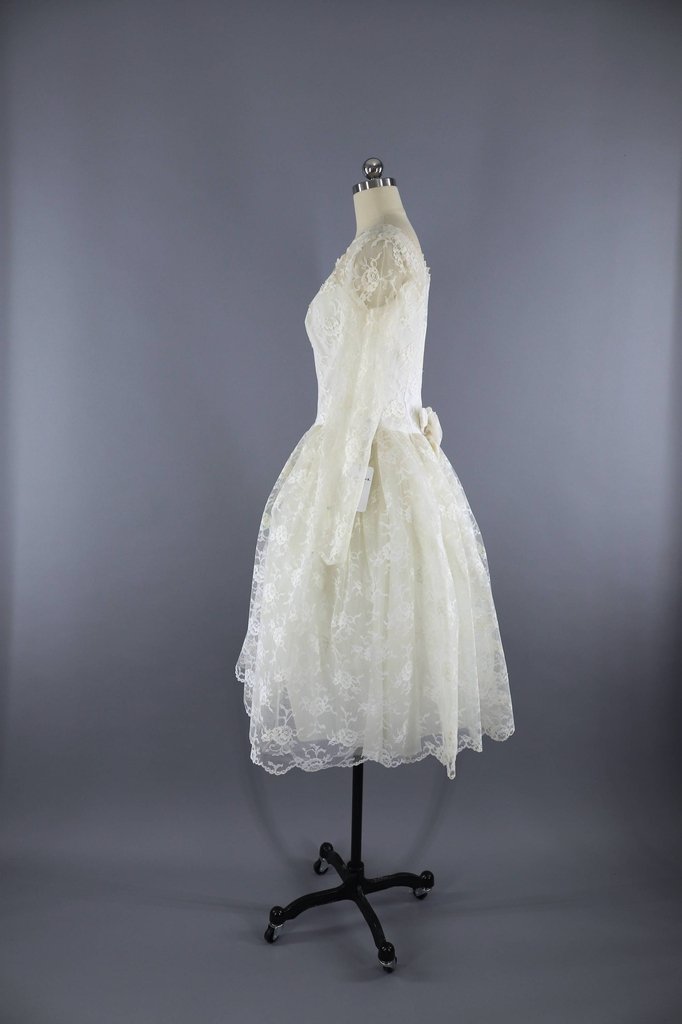 Vintage 1950s Lace Wedding Dress / Ivory Tea Length Bridal Gown - ThisBlueBird