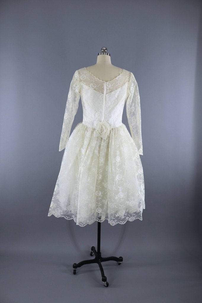 Vintage 1950s Lace Wedding Dress / Ivory Tea Length Bridal Gown - ThisBlueBird