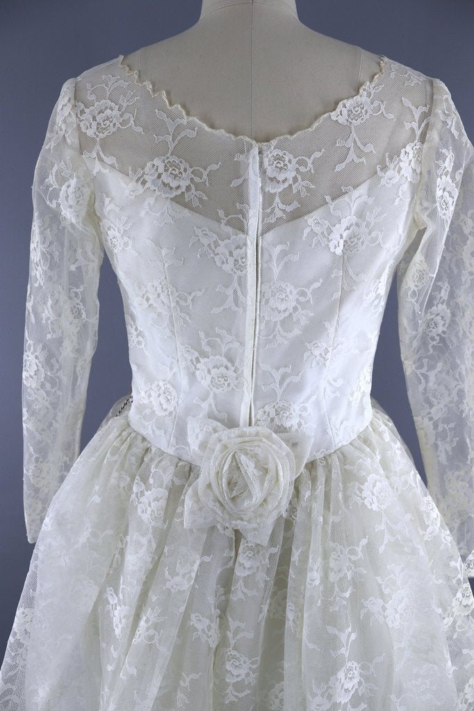 Vintage 1950s Lace Wedding Dress / Ivory Tea Length Bridal Gown - ThisBlueBird