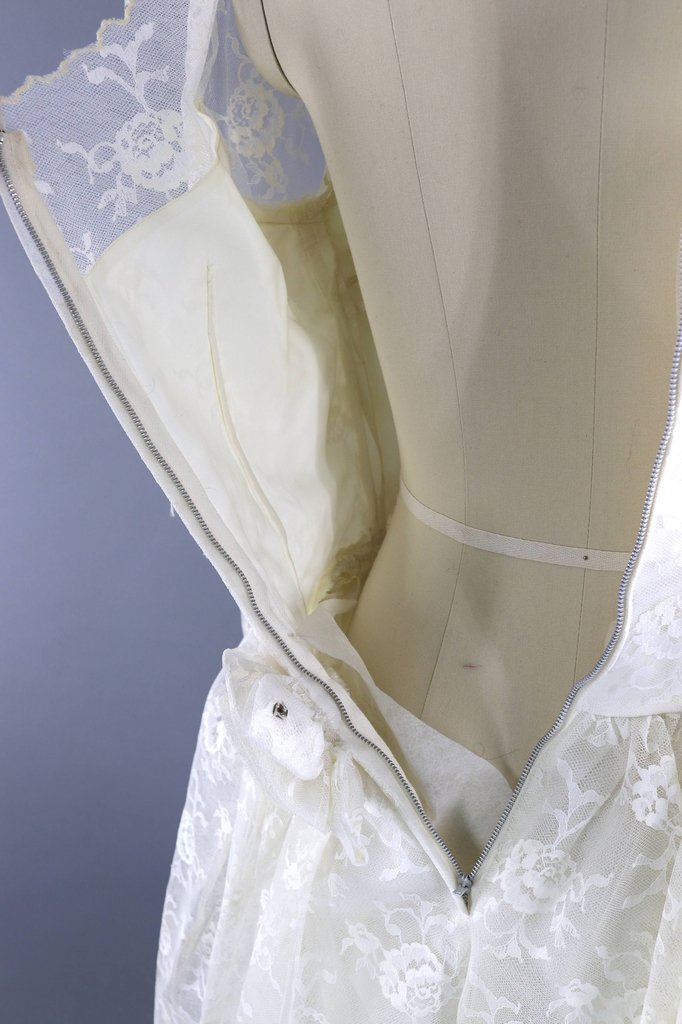 Vintage 1950s Lace Wedding Dress / Ivory Tea Length Bridal Gown - ThisBlueBird