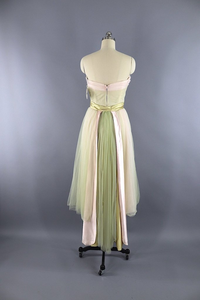 Vintage 1950s Spring Green & Blush Tulle Formal Dress - ThisBlueBird