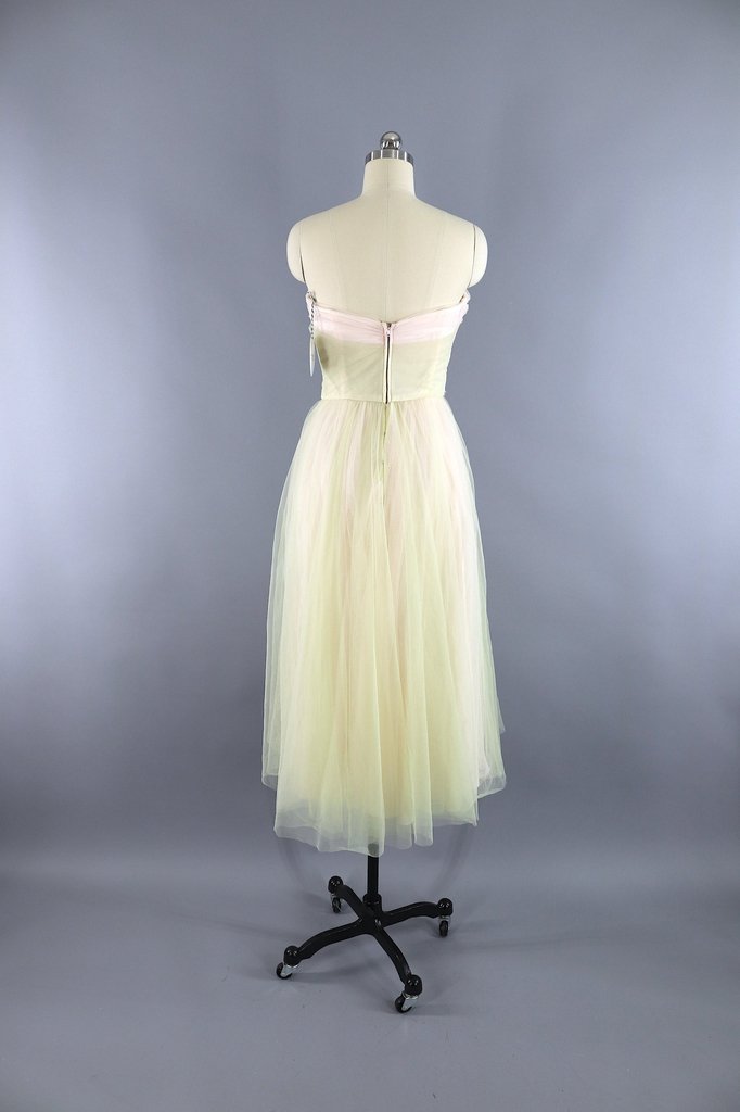 Vintage 1950s Spring Green & Blush Tulle Formal Dress - ThisBlueBird