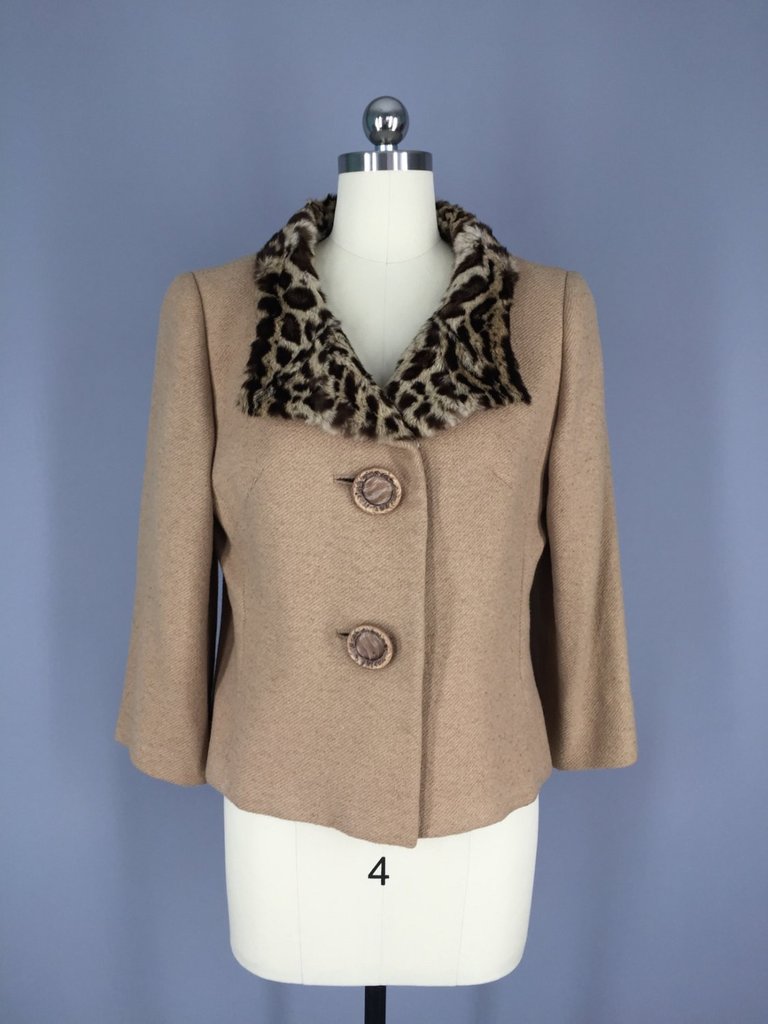 Vintage 1950s Wool Jacket with Leopard Fur Collar by Pattullo Jo Copeland - ThisBlueBird