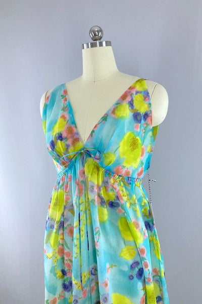 Vintage 1960s Aqua Floral Nightgown-ThisBlueBird