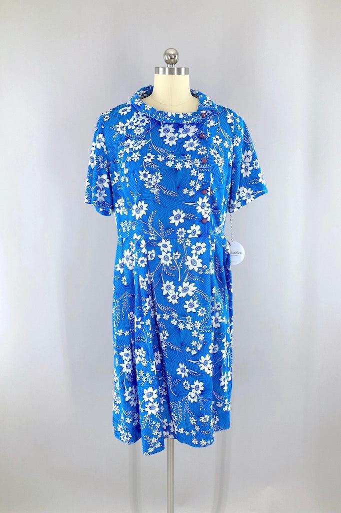Vintage 1960s Blue Floral Day Dress-ThisBlueBird