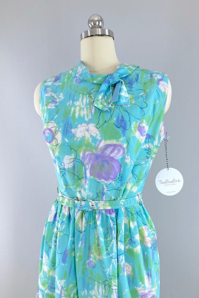 Vintage 1960s Blue Floral Print Dress-ThisBlueBird
