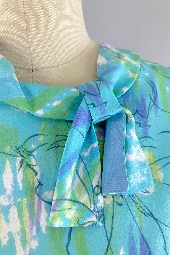 Vintage 1960s Blue Floral Print Dress-ThisBlueBird
