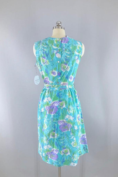 Vintage 1960s Blue Floral Print Dress-ThisBlueBird