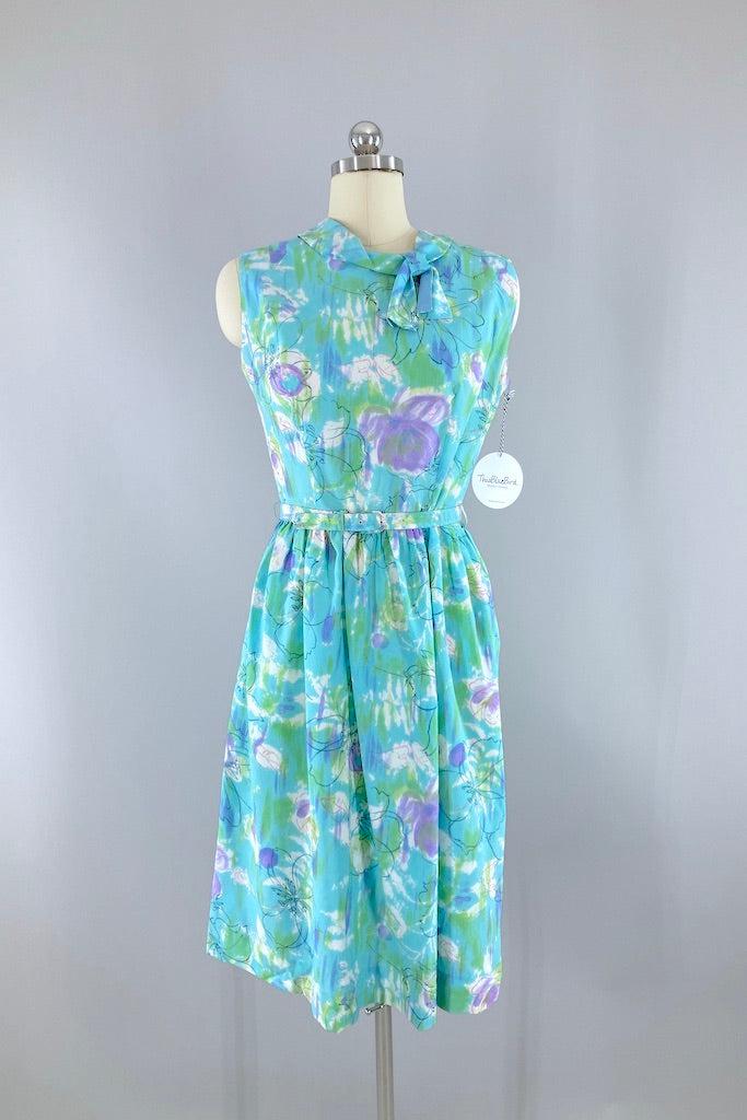 Vintage 1960s Blue Floral Print Dress-ThisBlueBird