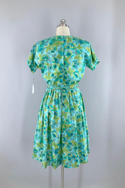 Vintage 1960s Blue Green Floral Print Dress-ThisBlueBird