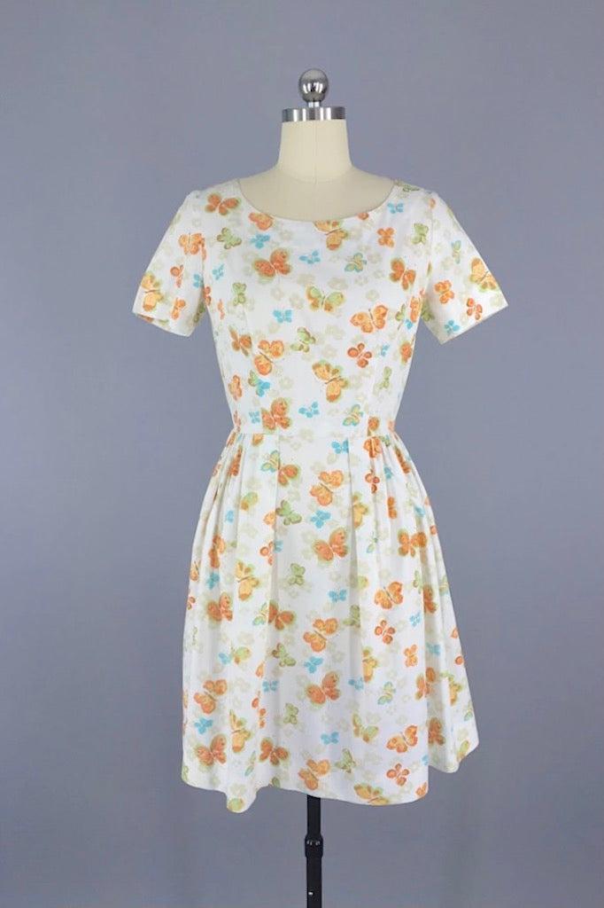 Vintage 1960s Butterflies Cotton Dress-ThisBlueBird