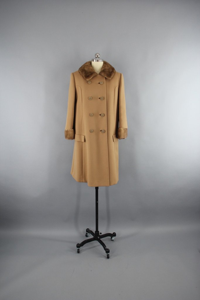 Vintage 1960s Caramel Brown Coat with Fur Trim - ThisBlueBird