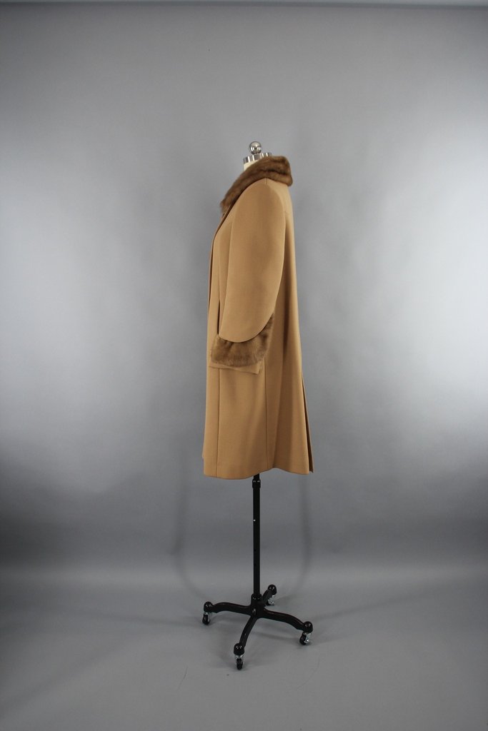 Vintage 1960s Caramel Brown Coat with Fur Trim - ThisBlueBird