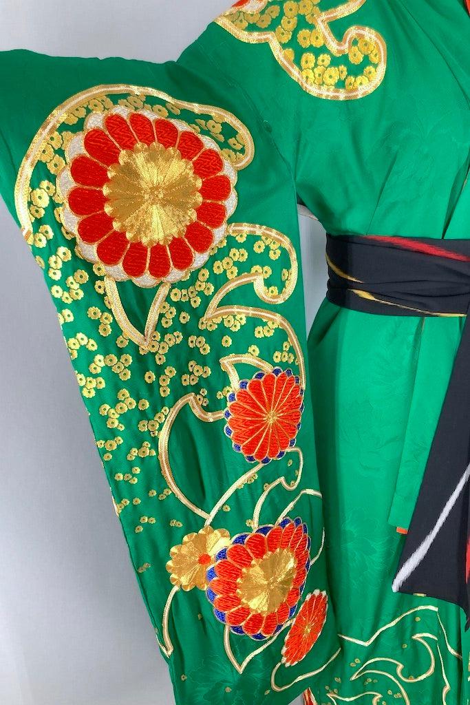 Vintage 1960s Emerald Green Uchikake Silk Kimono-ThisBlueBird