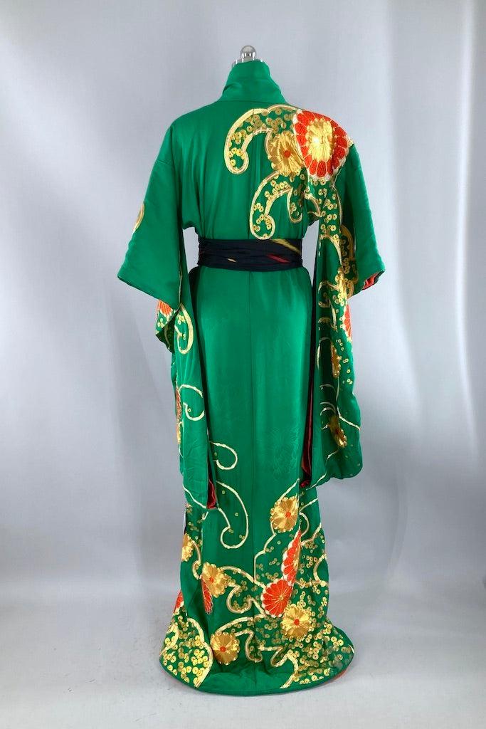 Vintage 1960s Emerald Green Uchikake Silk Kimono-ThisBlueBird