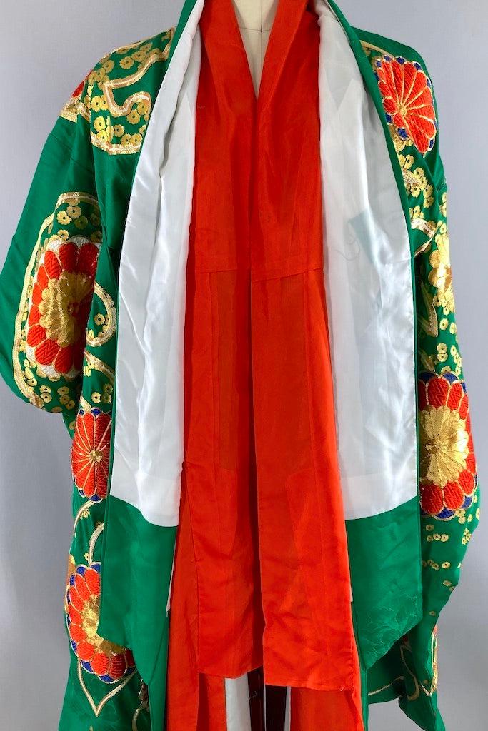 Vintage 1960s Emerald Green Uchikake Silk Kimono-ThisBlueBird