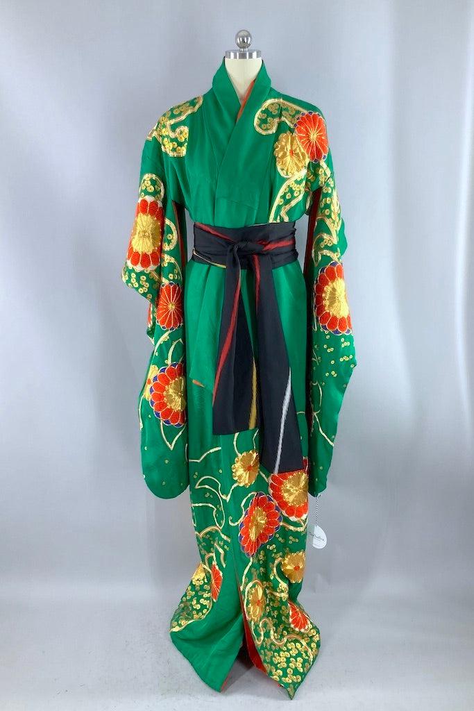 Vintage 1960s Emerald Green Uchikake Silk Kimono-ThisBlueBird