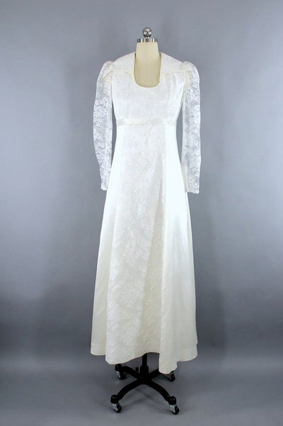 Vintage 1960s Lace and Satin Bridal Gown with Veil-ThisBlueBird