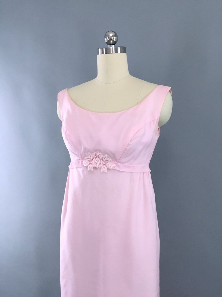 1960s Vintage Pink Prom Maxi Dress with Crocheted Trim - ThisBlueBird