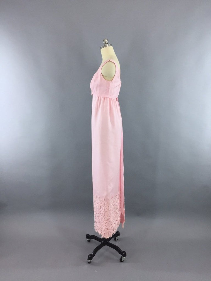1960s Vintage Pink Prom Maxi Dress with Crocheted Trim - ThisBlueBird
