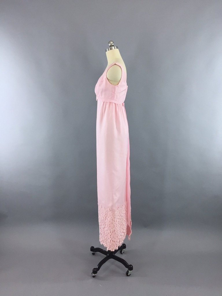 chinese dress ladies Vintage 1970's Baby Pink Chiffon and Cotton Eyelet Maxi Dress –  sacredgardenvintage