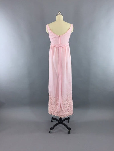 1960s Vintage Pink Prom Maxi Dress with Crocheted Trim - ThisBlueBird