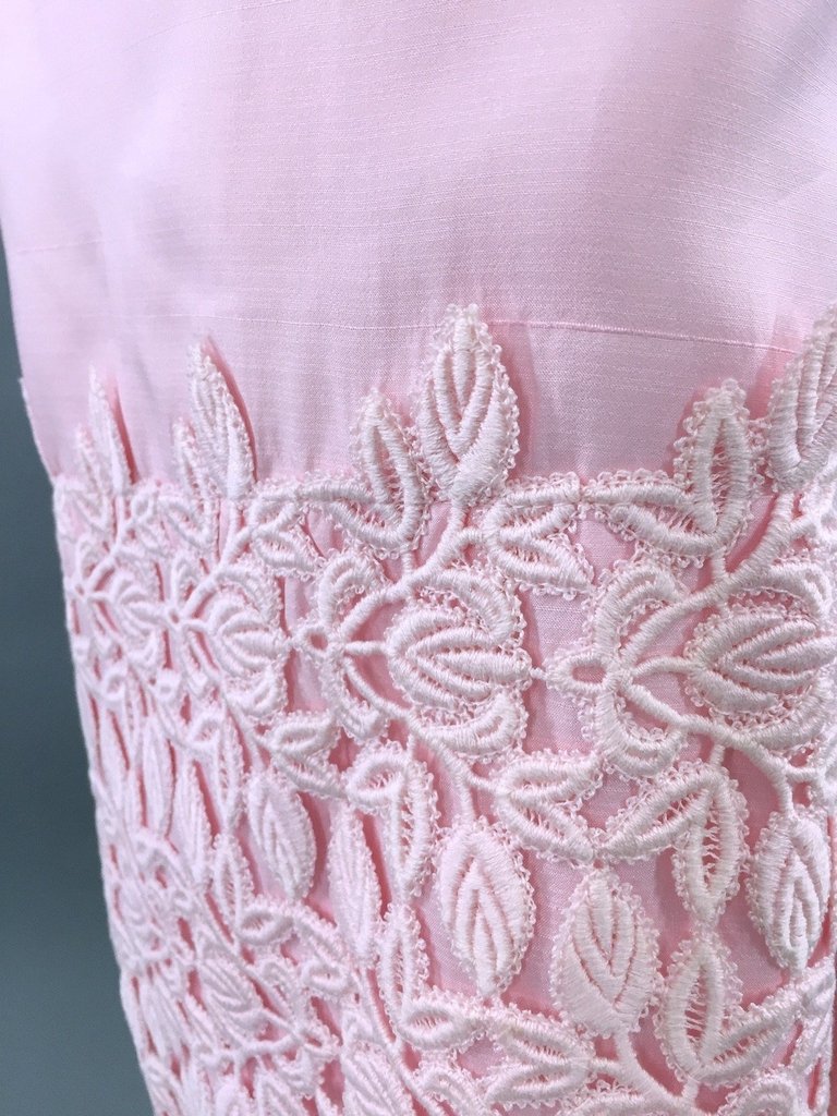 1960s Vintage Pink Prom Maxi Dress with Crocheted Trim - ThisBlueBird
