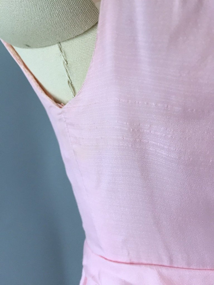 1960s Vintage Pink Prom Maxi Dress with Crocheted Trim - ThisBlueBird