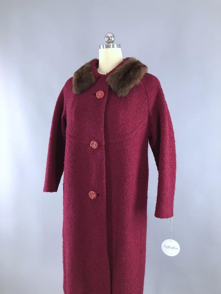 Vintage 1960s Red Winter Coat with Brown Mink Fur Collar - ThisBlueBird