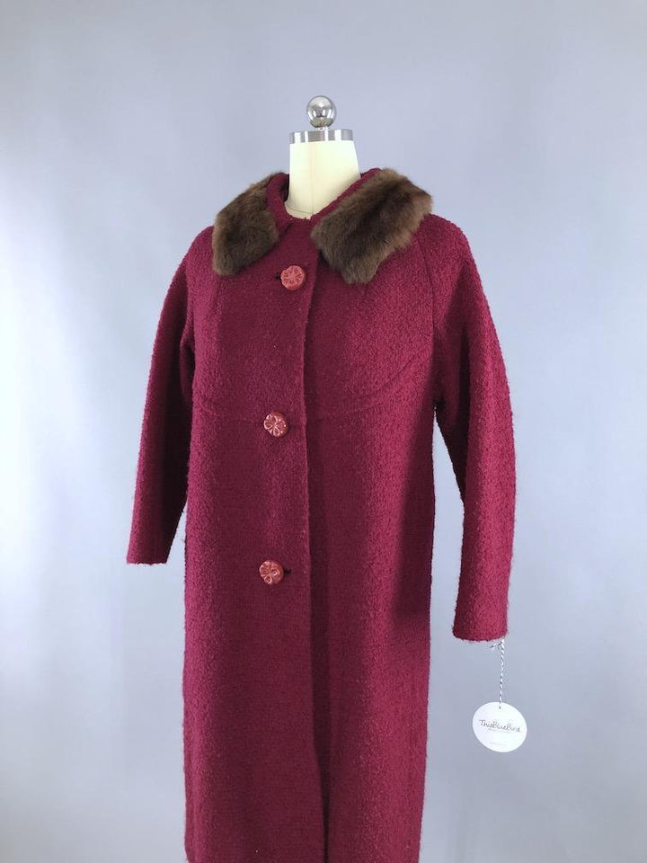 Vintage 1960s Red Winter Coat with Brown Mink Fur Collar - ThisBlueBird