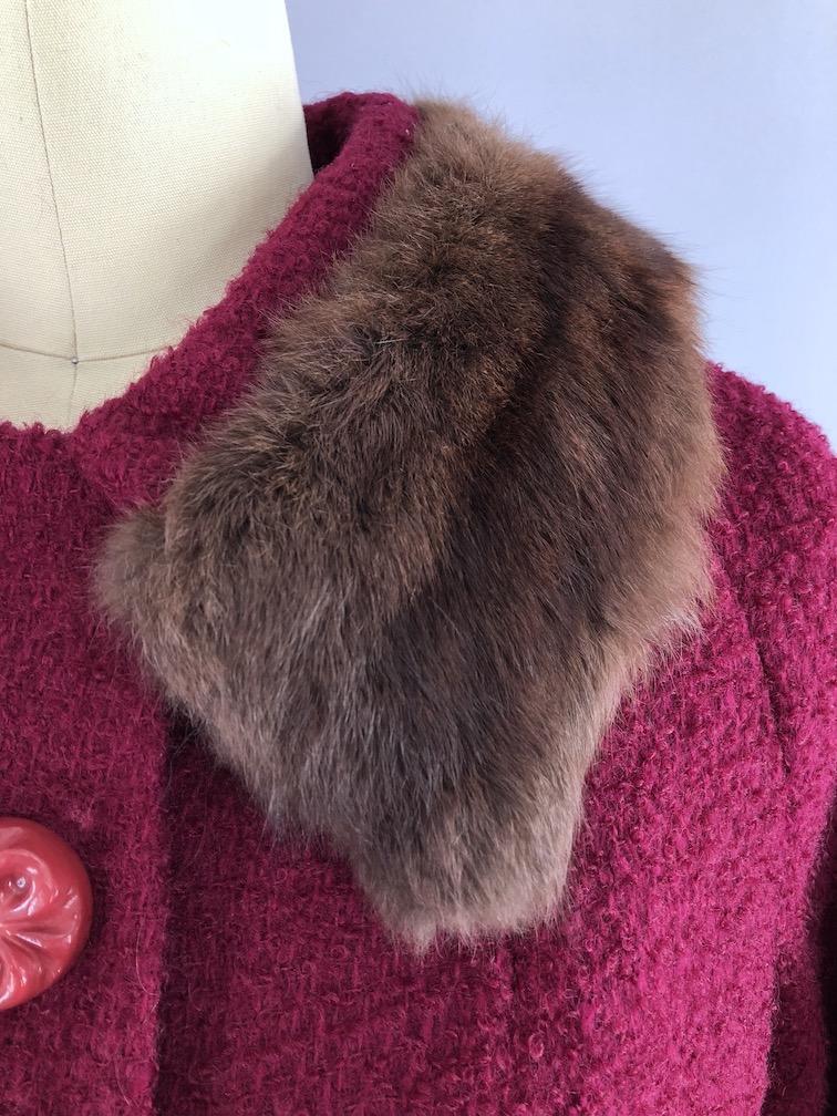 Vintage 1960s Red Winter Coat with Brown Mink Fur Collar - ThisBlueBird