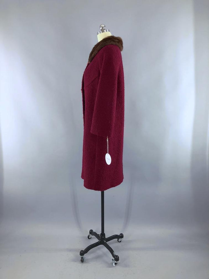 Vintage 1960s Red Winter Coat with Brown Mink Fur Collar - ThisBlueBird