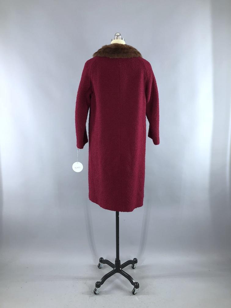 Vintage 1960s Red Winter Coat with Brown Mink Fur Collar - ThisBlueBird