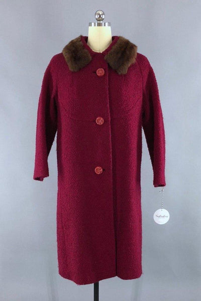 Vintage 1960s Red Winter Coat with Brown Mink Fur Collar - ThisBlueBird