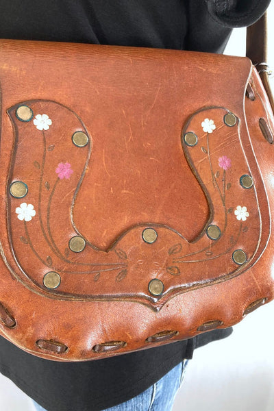 Vintage 1960s Tooled & Painted Leather Bag-ThisBlueBird