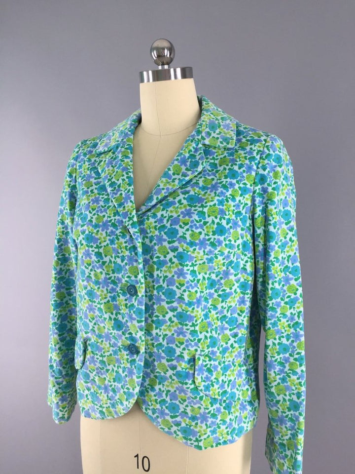 Vintage 1960s Velvet Blazer with Aqua Blue Mod Floral Print - ThisBlueBird
