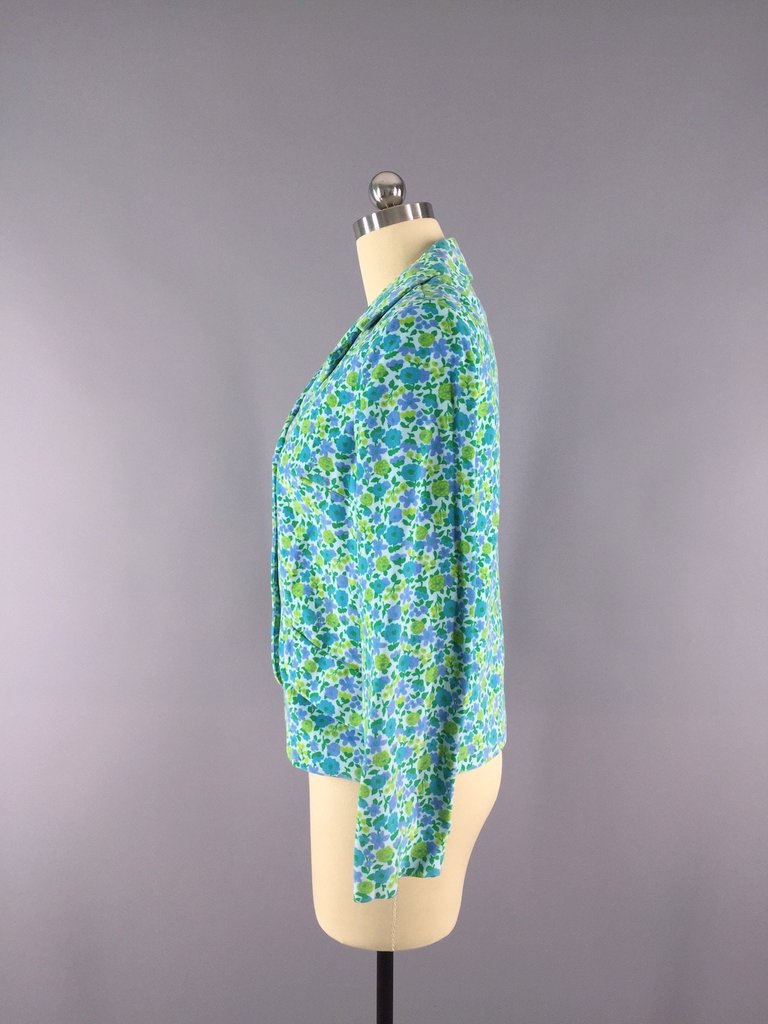 Vintage 1960s Velvet Blazer with Aqua Blue Mod Floral Print - ThisBlueBird