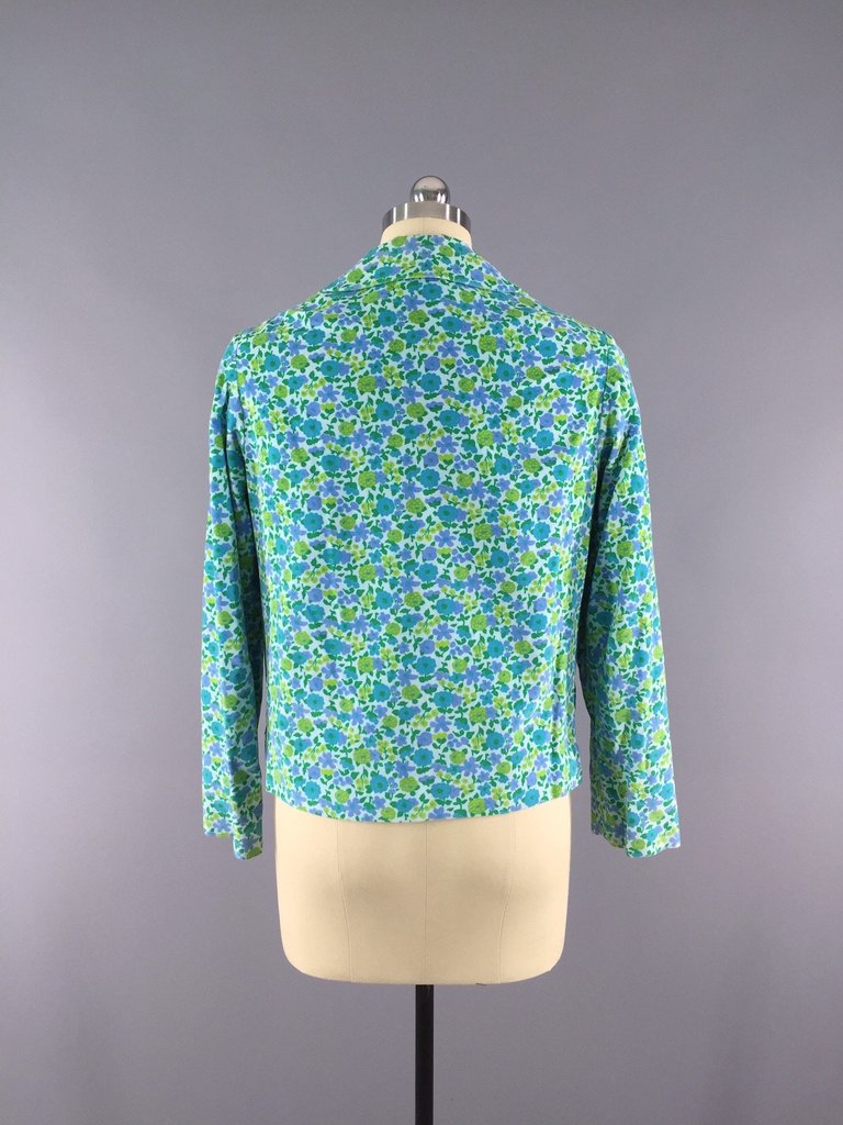 Vintage 1960s Velvet Blazer with Aqua Blue Mod Floral Print - ThisBlueBird