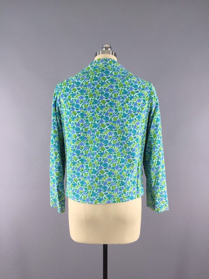 Vintage 1960s Velvet Blazer with Aqua Blue Mod Floral Print - ThisBlueBird