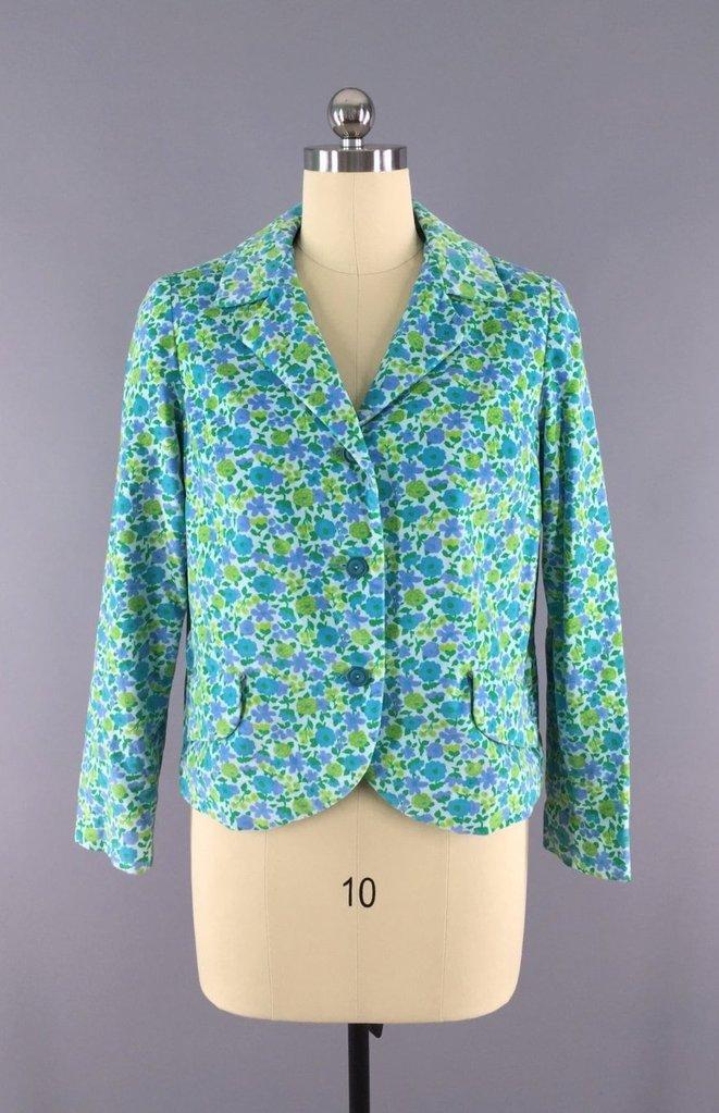 Vintage 1960s Velvet Blazer with Aqua Blue Mod Floral Print - ThisBlueBird