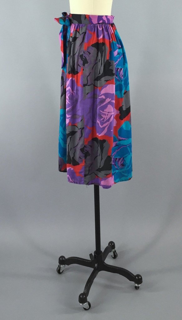 Vintage 1980s Purple Rose Floral Print Skirt - ThisBlueBird