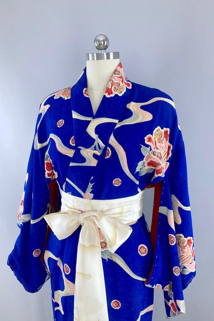 Vintage 40s Royal Blue Floral Silk Kimono Robe-ThisBlueBird