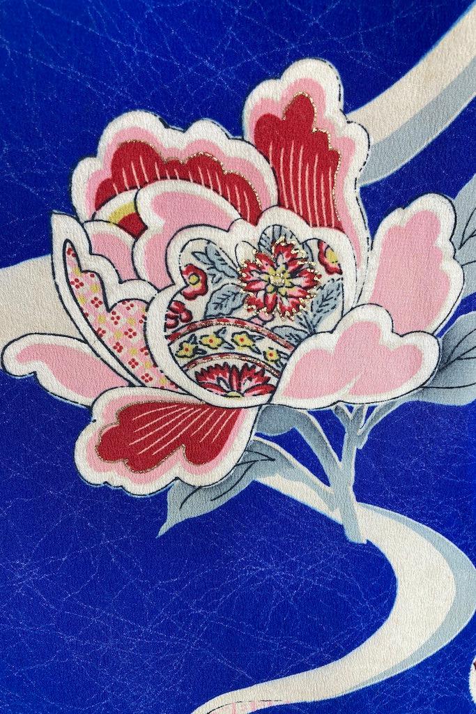 Vintage 40s Royal Blue Floral Silk Kimono Robe-ThisBlueBird