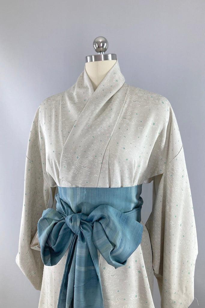 Vintage 60s Dove Grey Birds Silk Kimono-ThisBlueBird