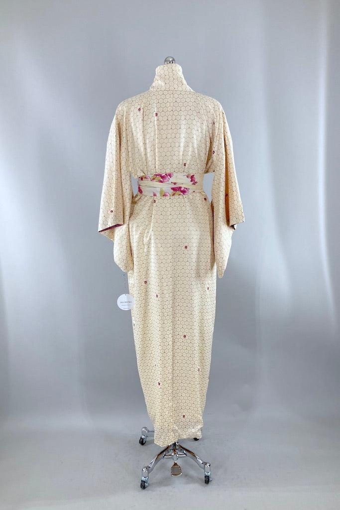 Vintage 60s Ivory & Magenta Silk Kimono-ThisBlueBird
