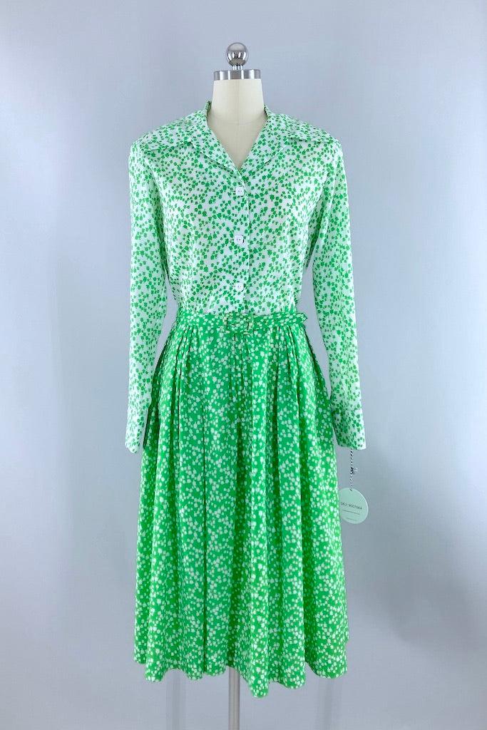 Vintage 70s Green Tulips Day Dress-ThisBlueBird
