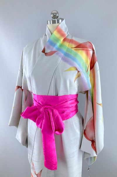 Vintage 70s Rainbow Butterflies Silk Kimono-ThisBlueBird